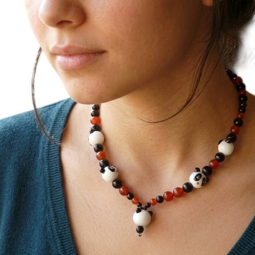 Handmade Panda Lampwork Glass‎ Beaded Necklace Black Red White 18in